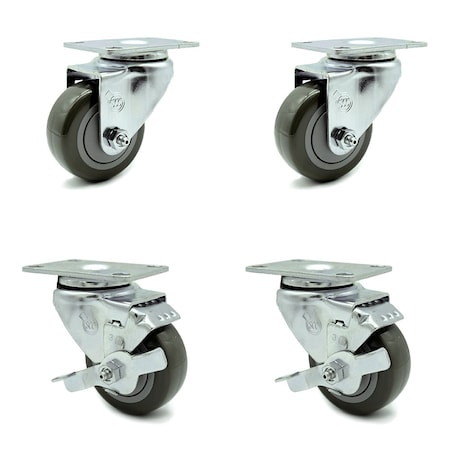 Service Caster 3 Inch Gray Polyurethane Wheel Swivel Top Plate Caster Set with 2 Brakes SCC SCC-20S314-PPUB-2-TLB-2